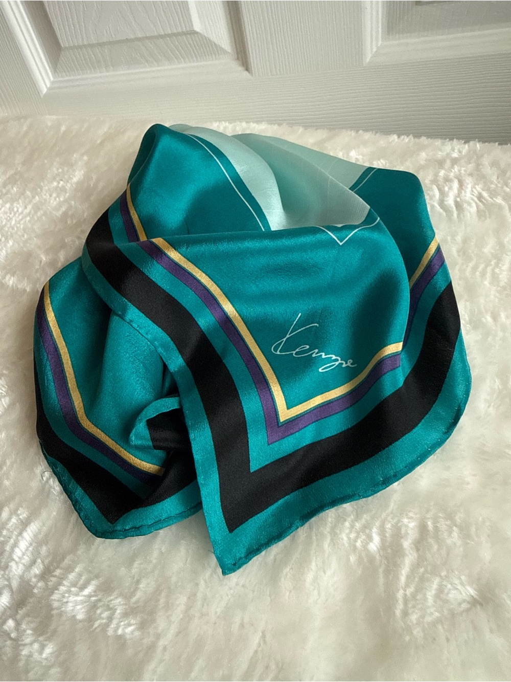 NWOT Vintage KENZO 100% Silk Scarf Teal Striped Geometric Square Neckerchief